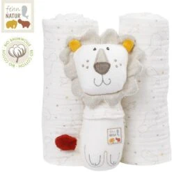 Fehn 056259 Stab-Löwe & Musselintücher FehnNATUR – Süßer Stab-Greifling Mit Rassel Und Mullwindeln – Für Babys Und Kleinkinder Ab 0+ Monaten – Größe: 16, 60 X 60 Cm