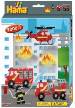 Hama Perlen 3441 Geschenk-Set Feuerwehr Mit Ca. 2.000 Bunten Midi Bügelperlen Mit Durchmesser 5 Mm, Motivvorlage Und Stiftplatte, Inkl. Bügelpapier, Kreativer Bastelspaß Für Groß Und Klein