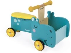 Janod J08003 Nilpferd-Reittier Aus Holz Für Kinder, Ergonomische Griffe Und Leise Räder, Staufach, Gleichgewicht Lernen, Für Kinder Ab 1 Jahr, Blau Und Gelb