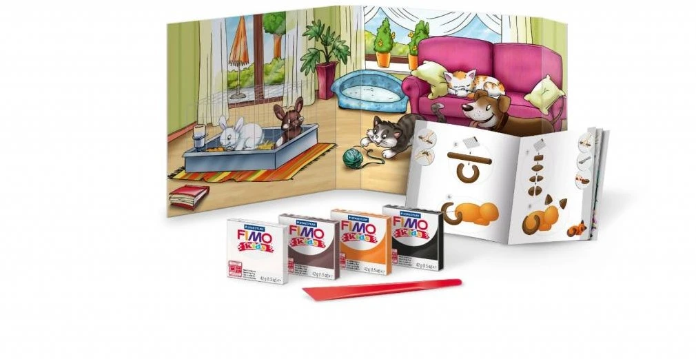 Staedtler 8034 02 LY Fimo Kids Form&play Set Pet (superweiche, Ofenhärtende Knete, Kinderleichte Anleitung, Wiederverschließbare Box, Set Mit 4 Fimo Blöcken, 1 Modellierstab Und 1 Spielkulisse) 4 Staedtler 8034 02 LY Fimo Kids Form&play Set Pet (superweiche, Ofenhärtende Knete, Kinderleichte Anleitung, Wiederverschließbare Box, Set Mit 4 Fimo Blöcken, 1 Modellierstab Und 1 Spielkulisse) – Bild 2